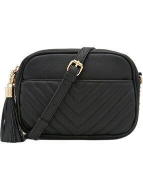 Chevron Quilted Crossbody Bag with Chain Strap & Tassel - Stylish Camera Purse